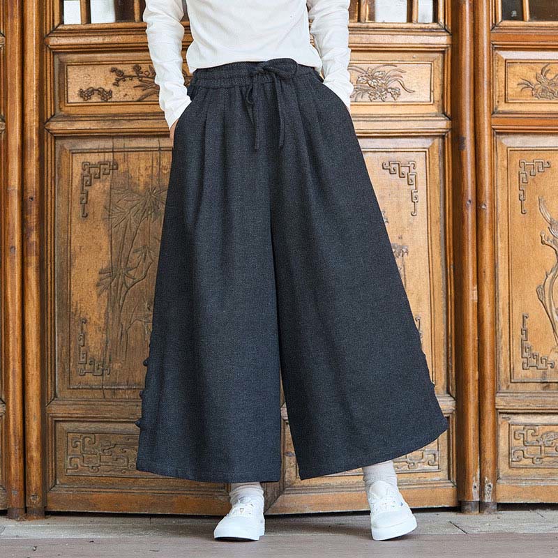 Buddha Stones Winter Chinese Frog-Button Design Corduroy Thermal Men's Wide Leg Pants With Pockets - Black - US/UK/AU46，EU56 (5XL) - image 1