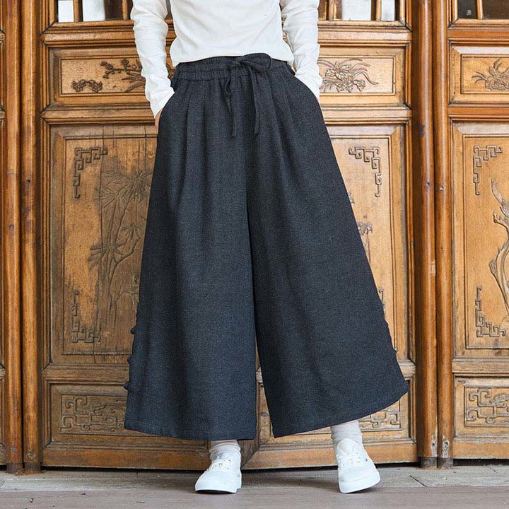 Buddha Stones Winter Chinese Frog-Button Design Corduroy Thermal Men's Wide Leg Pants With Pockets - Black - US/UK/AU46，EU56 (5XL) - image 1