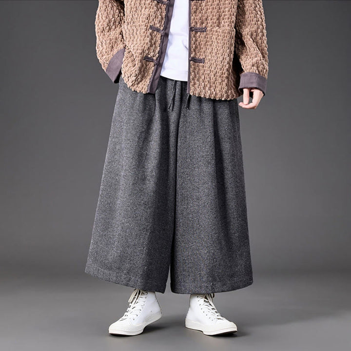 Buddha Stones Winter Chinese Frog-Button Design Corduroy Thermal Men's Wide Leg Pants With Pockets - image 20
