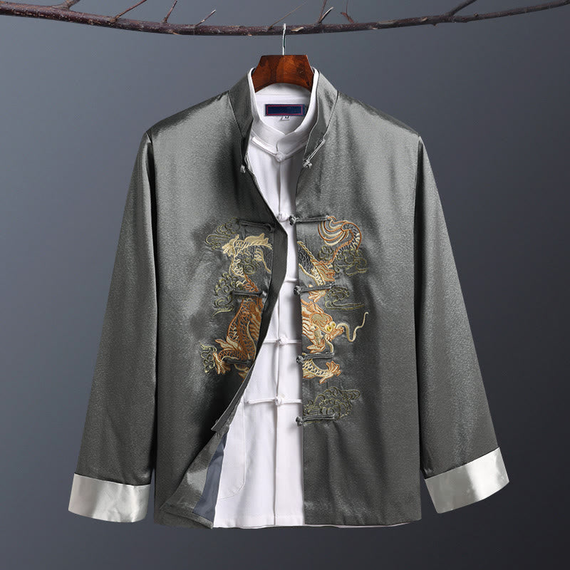Buddha Stones Spring Fall Dragon Embroidery Frog-Button Long Sleeve Men's Jacket - One Dragon Grey - US/UK/AU42，EU52 (3XL) - image 0