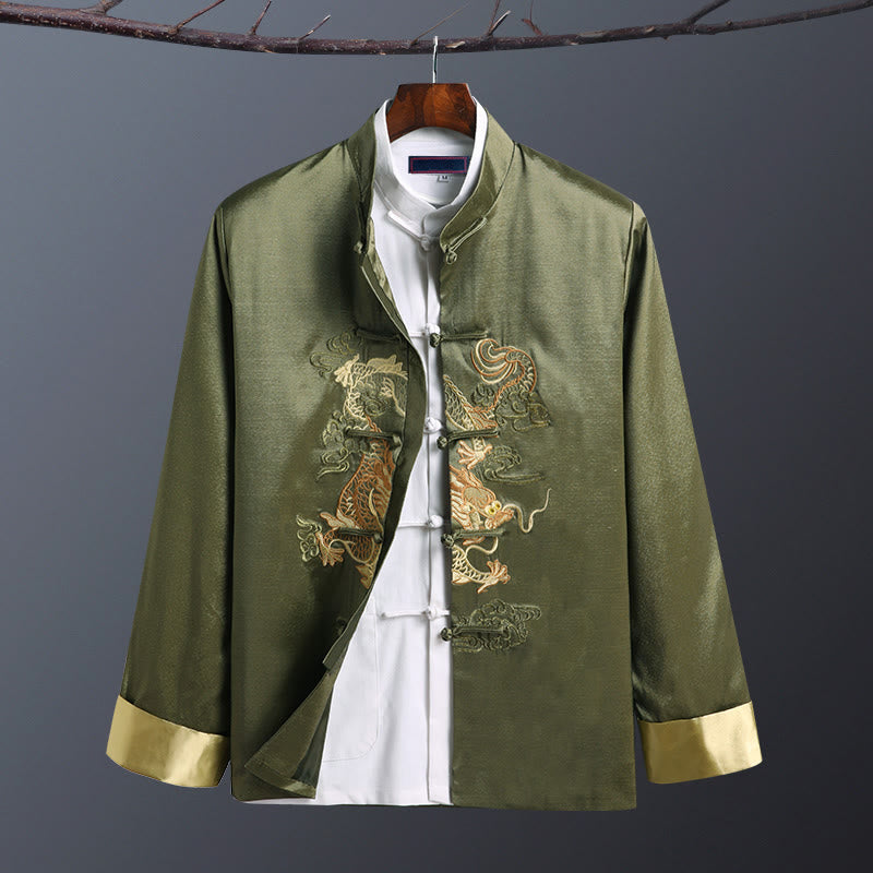 Buddha Stones Spring Fall Dragon Embroidery Frog-Button Long Sleeve Men's Jacket - One Dragon Green - US/UK/AU42，EU52 (3XL) - image 7