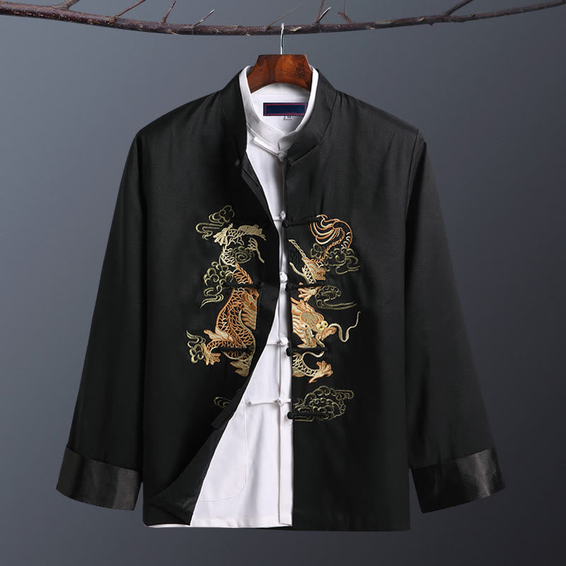 Buddha Stones Spring Fall Dragon Embroidery Frog-Button Long Sleeve Men's Jacket - One Dragon Black - US/UK/AU42，EU52 (3XL) - image 8