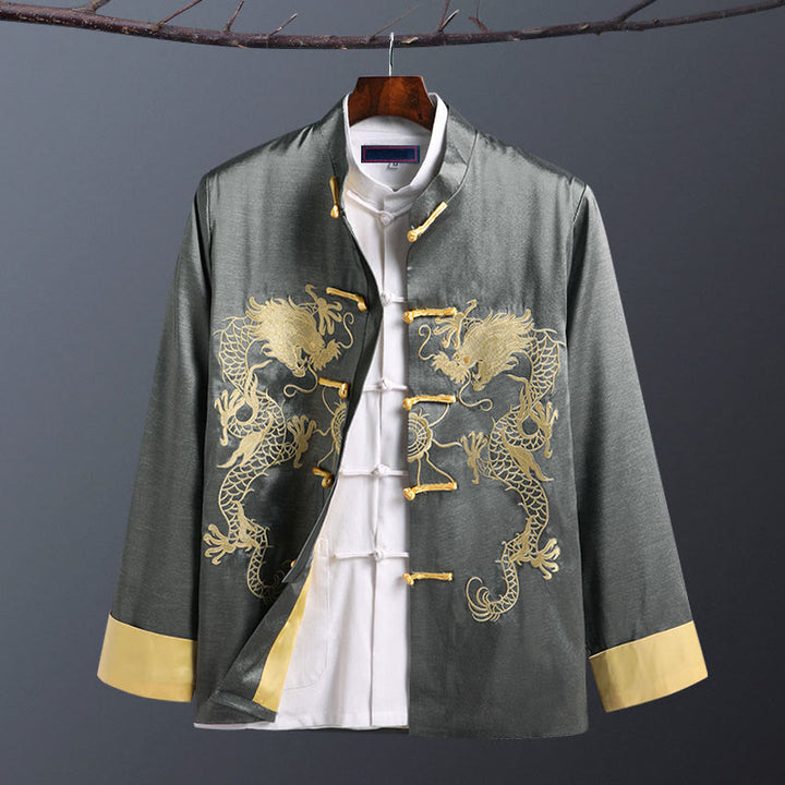 Buddha Stones Spring Fall Dragon Embroidery Frog-Button Long Sleeve Men's Jacket - Double Dragon Grey - US/UK/AU42，EU52 (3XL) - image 9