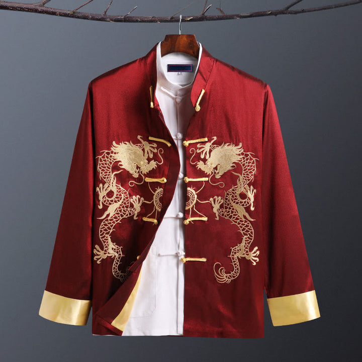 Buddha Stones Spring Fall Dragon Embroidery Frog-Button Long Sleeve Men's Jacket - Double Dragon Red - US/UK/AU42，EU52 (3XL) - image 10