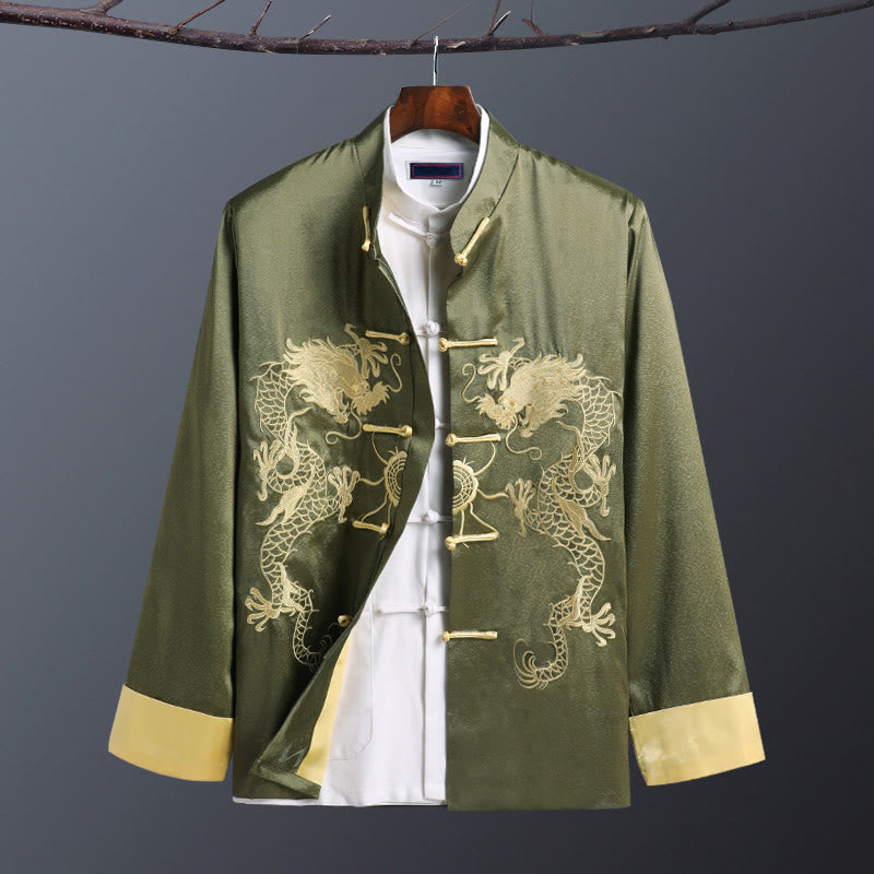 Buddha Stones Spring Fall Dragon Embroidery Frog-Button Long Sleeve Men's Jacket - Double Dragon Green - US/UK/AU42，EU52 (3XL) - image 11