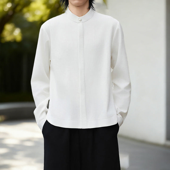 Buddha Stones Fall Solid Color White Men's Long Sleeve Cotton Linen Shirt Corduroy Kimono - image 4