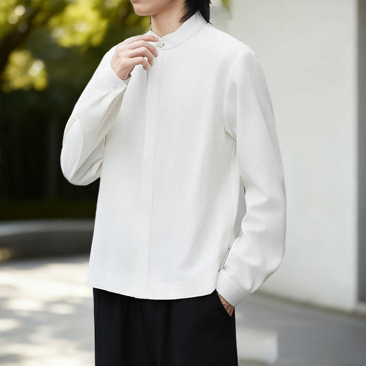 Buddha Stones Fall Solid Color White Men's Long Sleeve Cotton Linen Shirt Corduroy Kimono - image 5