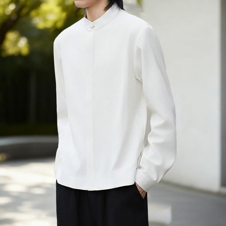 Buddha Stones Fall Solid Color White Men's Long Sleeve Cotton Linen Shirt Corduroy Kimono - image 6