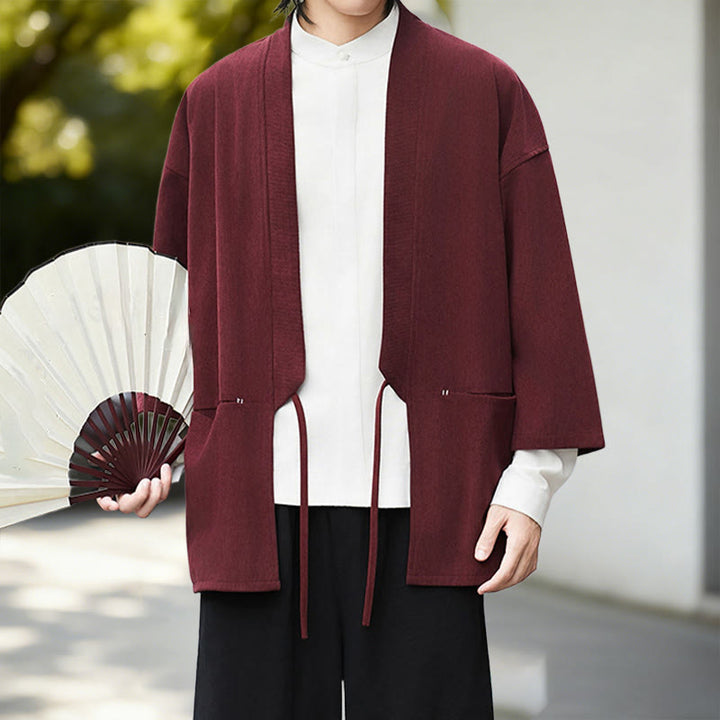 Buddha Stones Solid Color Open Front Long Sleeve Corduroy Jacket Men's Kimono Cotton Linen Shirt - image 12