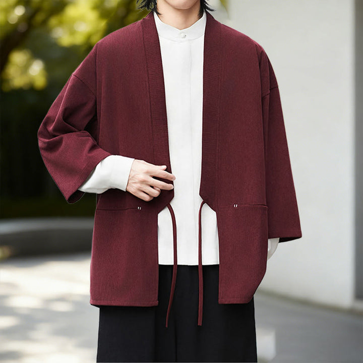 Buddha Stones Solid Color Open Front Long Sleeve Corduroy Jacket Men's Kimono Cotton Linen Shirt - image 13