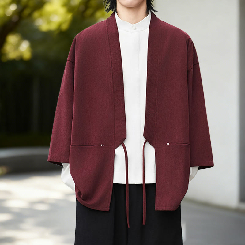 Buddha Stones Solid Color Open Front Long Sleeve Corduroy Jacket Men's Kimono Cotton Linen Shirt - image 14