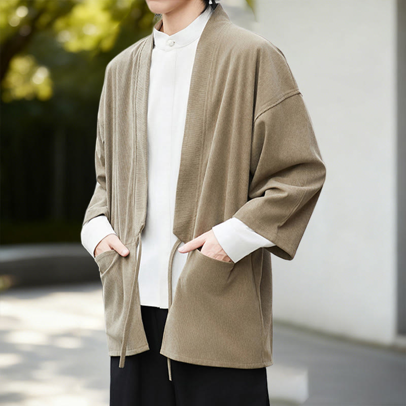 Buddha Stones Solid Color Open Front Long Sleeve Corduroy Jacket Men's Kimono Cotton Linen Shirt - image 20