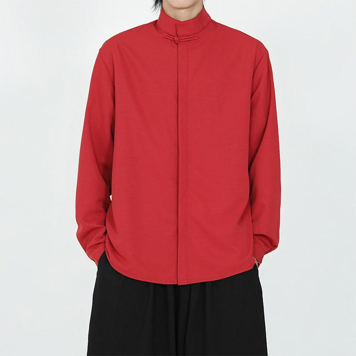 Buddha Stones Solid Color One Frog-Button Long Sleeve Cotton Men's Shirt - Red - US/UK/AU46，EU56 (5XL) - image 10