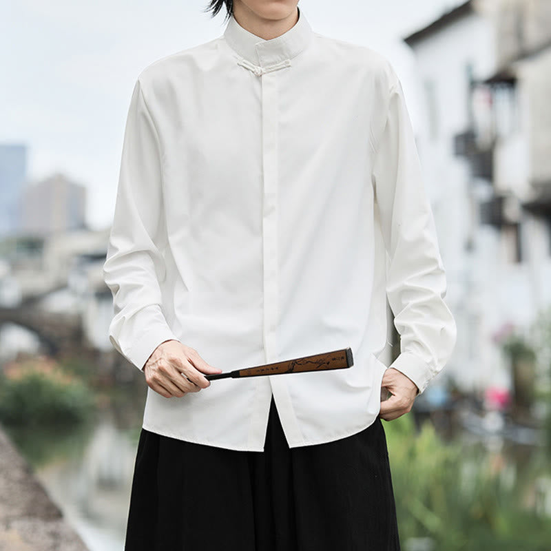 Buddha Stones Solid Color One Frog-Button Long Sleeve Cotton Men's Shirt - image 8