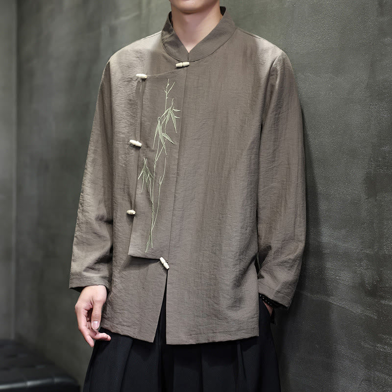 Buddha Stones Fall Solid Color Bamboo Leaf Embroidery Men's Long Sleeve Cotton Linen Shirt - image 1