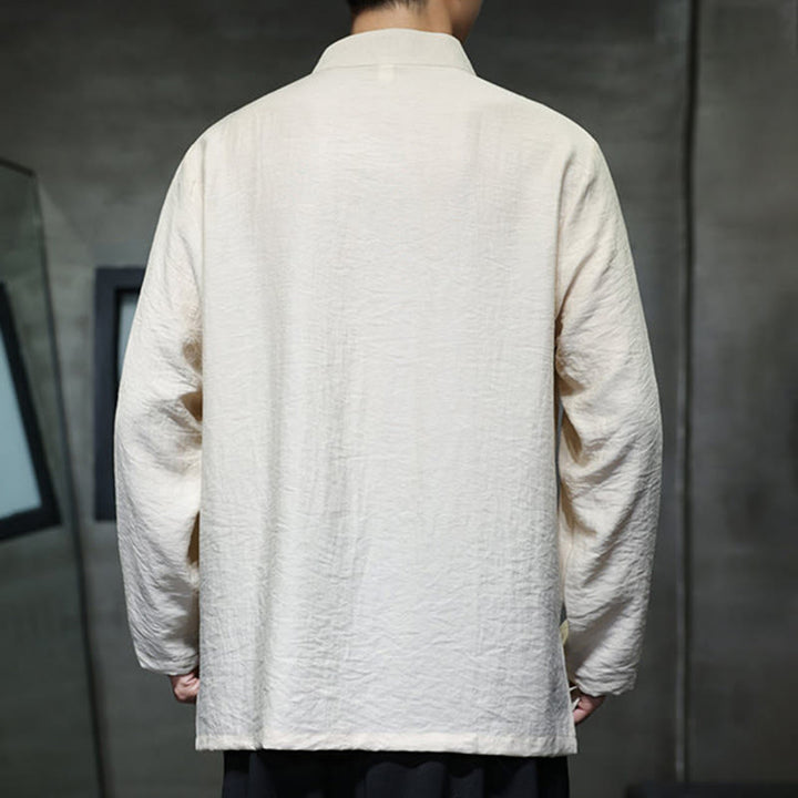 Buddha Stones Fall Solid Color Bamboo Leaf Embroidery Men's Long Sleeve Cotton Linen Shirt - image 9