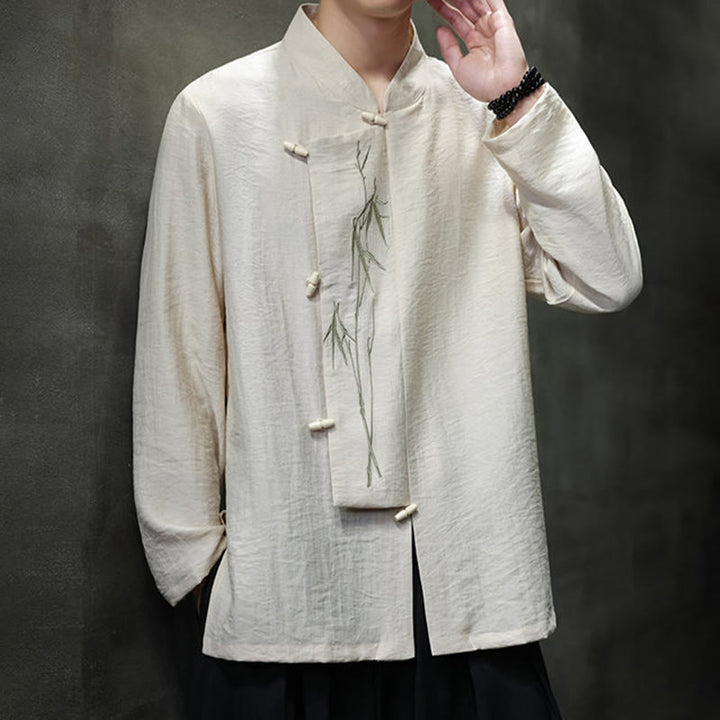 Buddha Stones Fall Solid Color Bamboo Leaf Embroidery Men's Long Sleeve Cotton Linen Shirt - image 11