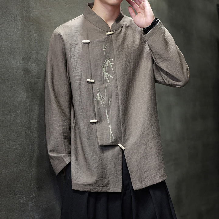 Buddha Stones Fall Solid Color Bamboo Leaf Embroidery Men's Long Sleeve Cotton Linen Shirt - image 6