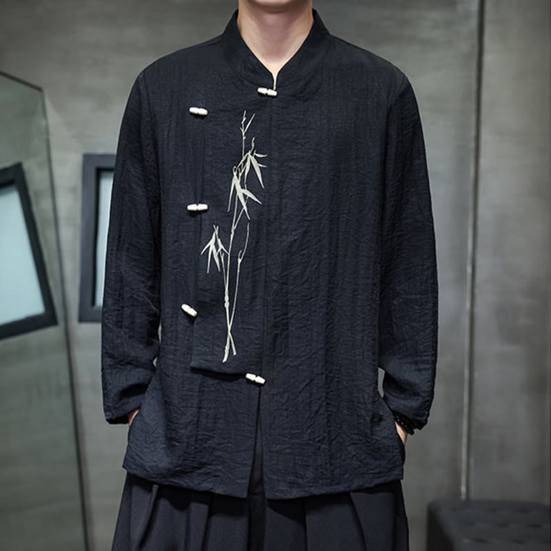 Buddha Stones Fall Solid Color Bamboo Leaf Embroidery Men's Long Sleeve Cotton Linen Shirt - image 17