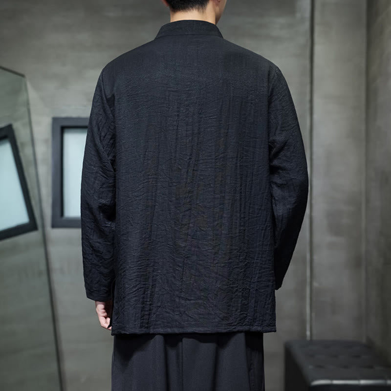 Buddha Stones Fall Solid Color Bamboo Leaf Embroidery Men's Long Sleeve Cotton Linen Shirt - image 19