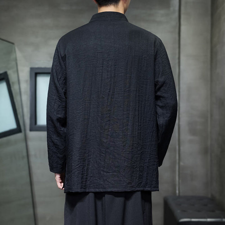 Buddha Stones Fall Solid Color Bamboo Leaf Embroidery Men's Long Sleeve Cotton Linen Shirt - image 19