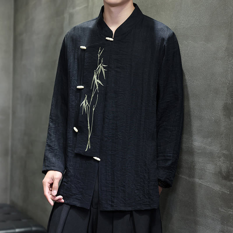 Buddha Stones Fall Solid Color Bamboo Leaf Embroidery Men's Long Sleeve Cotton Linen Shirt - image 20