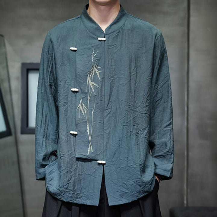 Buddha Stones Fall Solid Color Bamboo Leaf Embroidery Men's Long Sleeve Cotton Linen Shirt - image 22