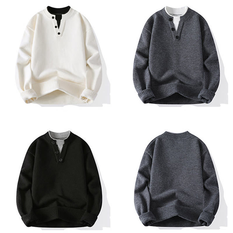 Buddha Stones Winter Buttons Crew Neck Design Warm Men's Long Sleeve Knitted Sweater - image 11