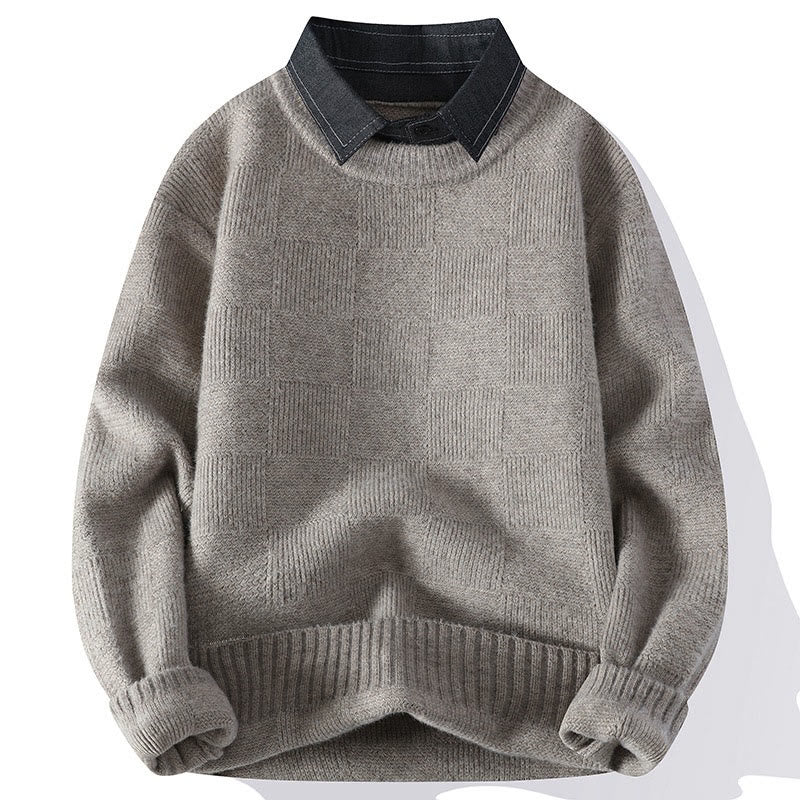 Buddha Stones Winter Black Stand Collar Plaid Pattern Warm Men's Long Sleeve Knitted Sweater - Linen - US/UK/AU44，EU54 (4XL) - image 0