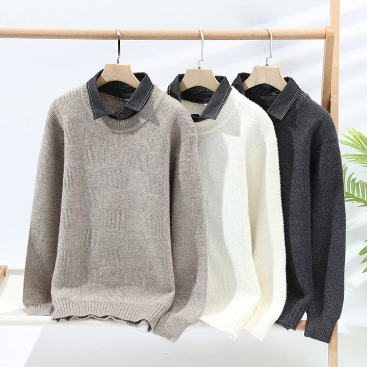 Buddha Stones Winter Black Stand Collar Plaid Pattern Warm Men's Long Sleeve Knitted Sweater - image 6