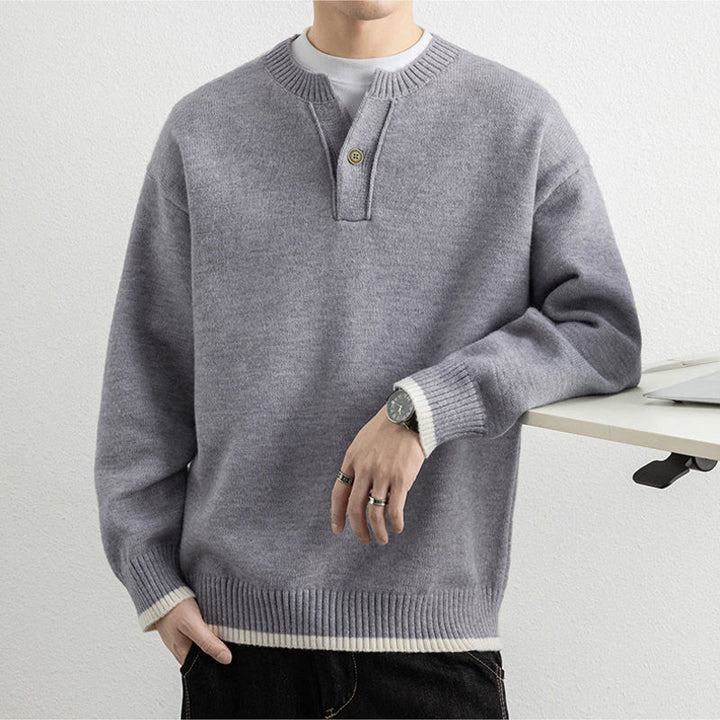 Buddha Stones Winter V-Neck One Button Design Warm Men's Long Sleeve Knitted Sweater - image 2