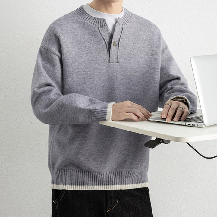 Buddha Stones Winter V-Neck One Button Design Warm Men's Long Sleeve Knitted Sweater - image 5