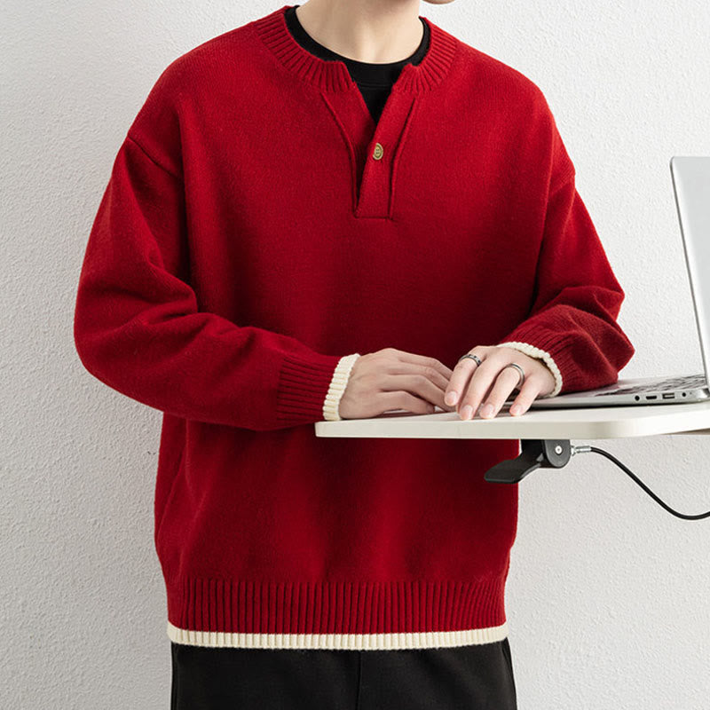 Buddha Stones Winter V-Neck One Button Design Warm Men's Long Sleeve Knitted Sweater - image 22