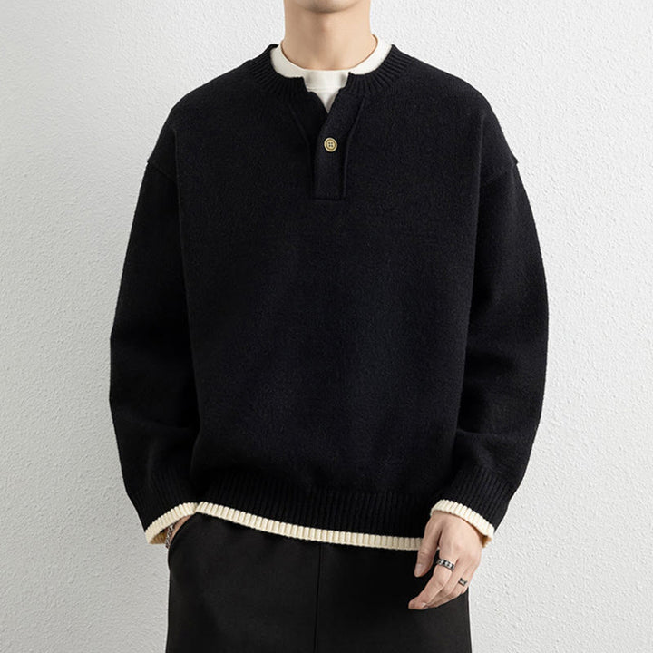 Buddha Stones Winter V-Neck One Button Design Warm Men's Long Sleeve Knitted Sweater - Black - US/UK/AU44，EU54 (4XL) - image 7