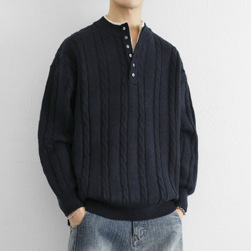 Buddha Stones Winter V-Neck Buttons Twisted Design Warm Men's Long Sleeve Knitted Sweater - image 1