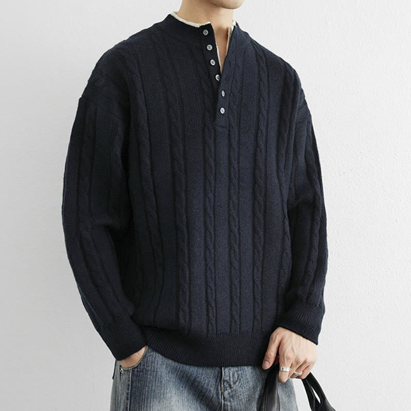 Buddha Stones Winter V-Neck Buttons Twisted Design Warm Men's Long Sleeve Knitted Sweater - image 2