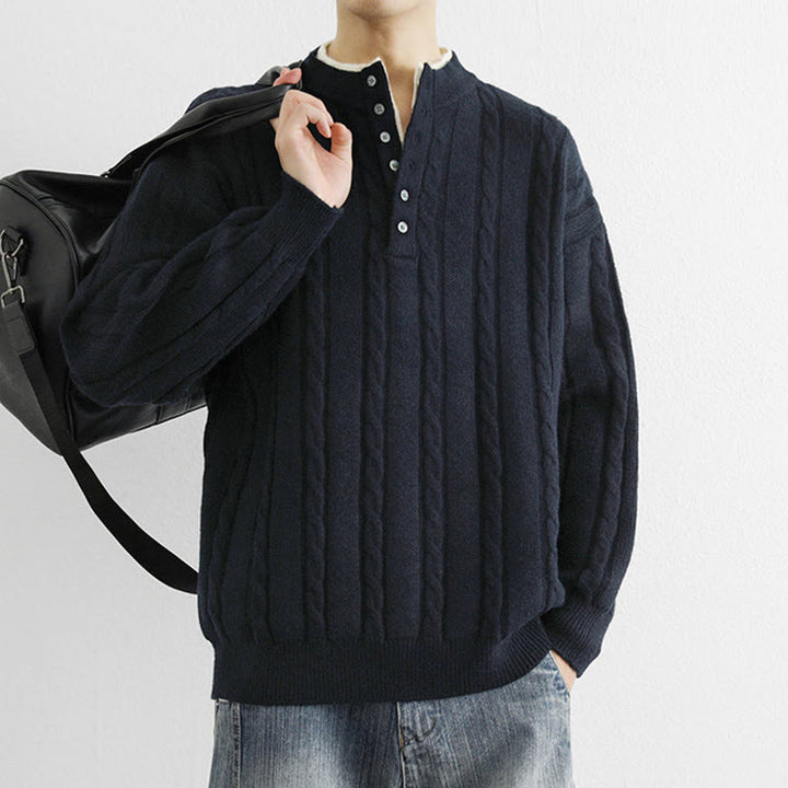 Buddha Stones Winter V-Neck Buttons Twisted Design Warm Men's Long Sleeve Knitted Sweater - image 3