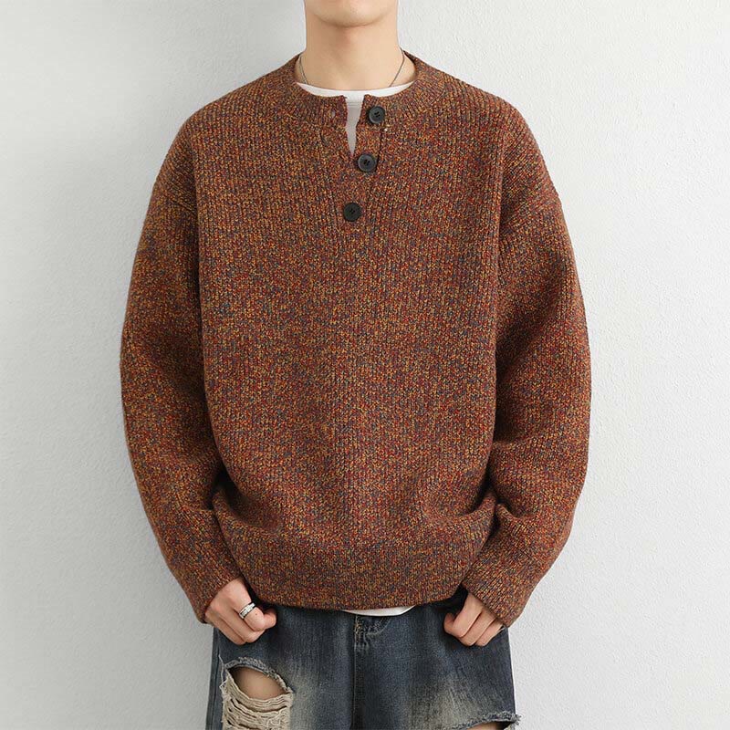 Buddha Stones Winter V-Neck Buttons Ribbed Design Warm Men's Long Sleeve Knitted Sweater - Chocolate - US/UK/AU42，EU52 (3XL) - image 0