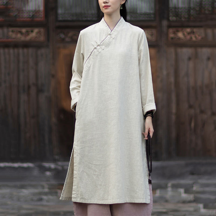 Buddha Stones Solid Frog-Button Long Sleeve Ramie Linen Midi Dress Cheongsam With Pockets - Linen - US4，UK/AU8，EU36 (F) - image 8
