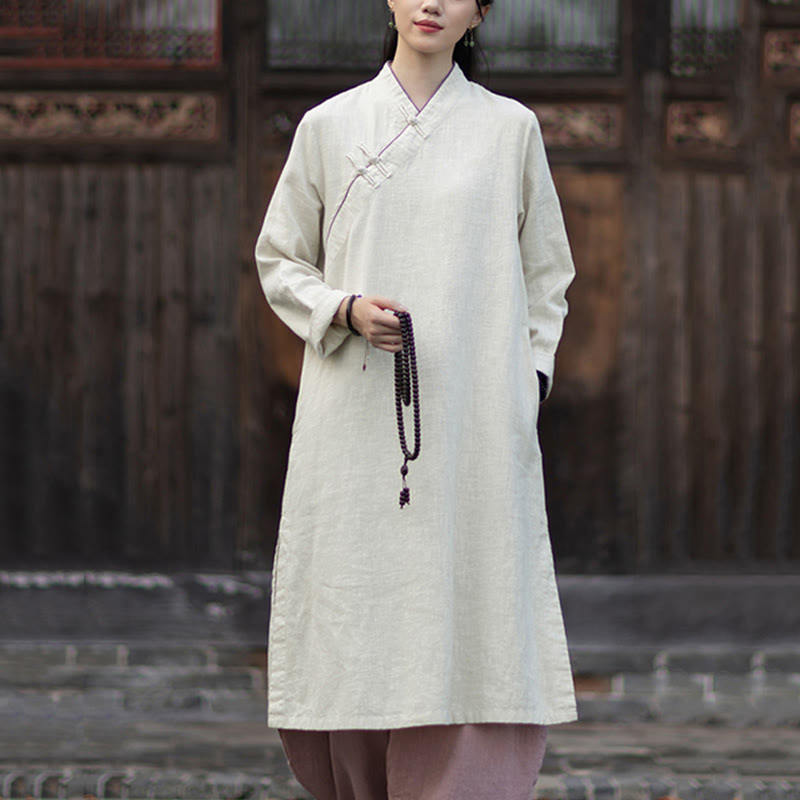 Buddha Stones Solid Frog-Button Long Sleeve Ramie Linen Midi Dress Cheongsam With Pockets - image 9