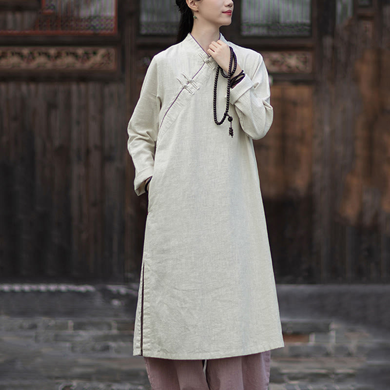 Buddha Stones Solid Frog-Button Long Sleeve Ramie Linen Midi Dress Cheongsam With Pockets - image 10