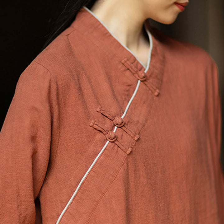 Buddha Stones Solid Frog-Button Long Sleeve Ramie Linen Midi Dress Cheongsam With Pockets - image 6