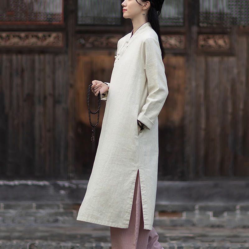 Buddha Stones Solid Frog-Button Long Sleeve Ramie Linen Midi Dress Cheongsam With Pockets - image 13