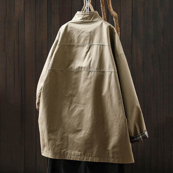 Buddha Stones Fall Buttons Long Sleeve Mid-length Cotton Women's Jacket With Pockets - image 3