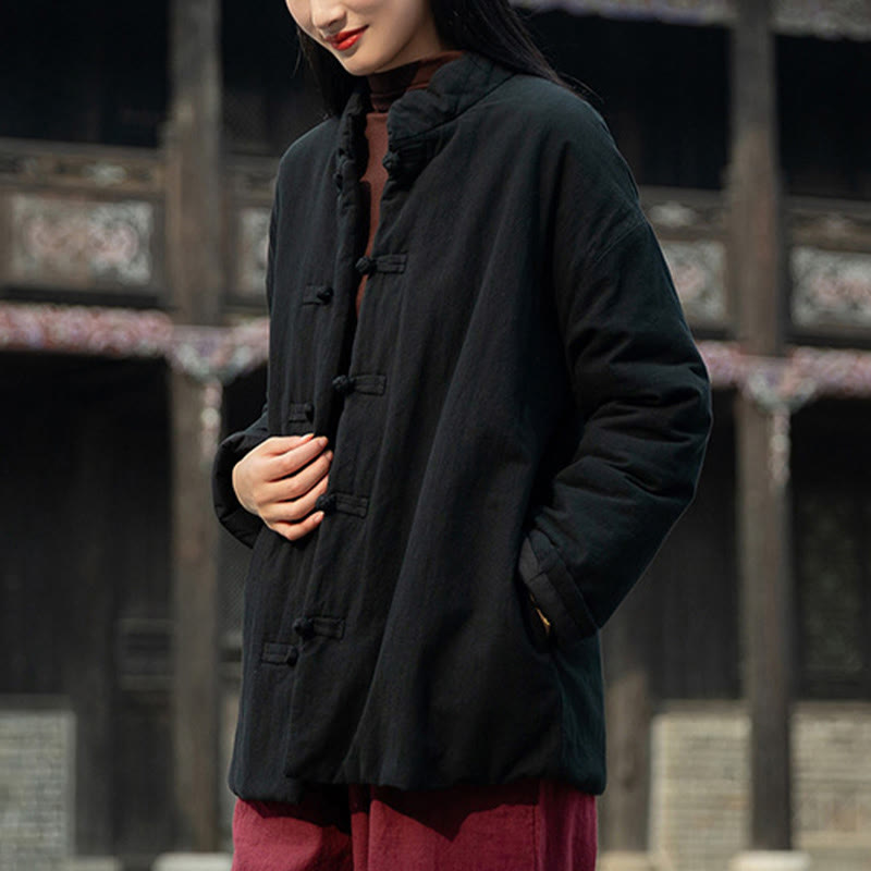 Buddha Stones Winter Solid Frog-Button Long Sleeve Cotton Women's Thermal Jacket With Pockets - image 14