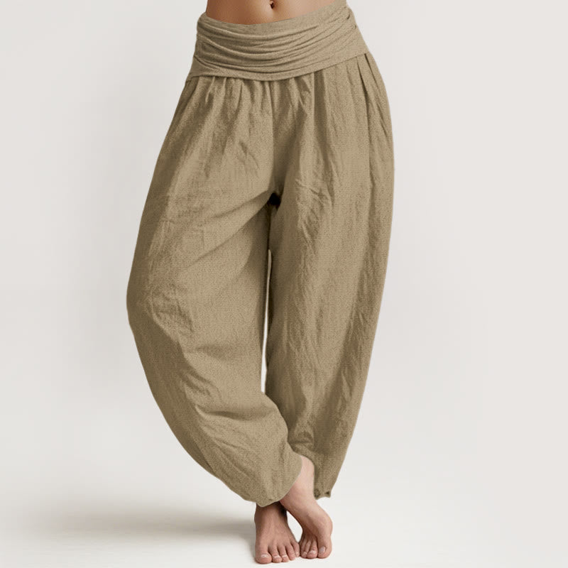 Buddha Stones Cotton Tan Solid Color Women's Elastic Waist Harem Pants - Tan - US16，UK/AU20，EU48 (3XL) - image 0