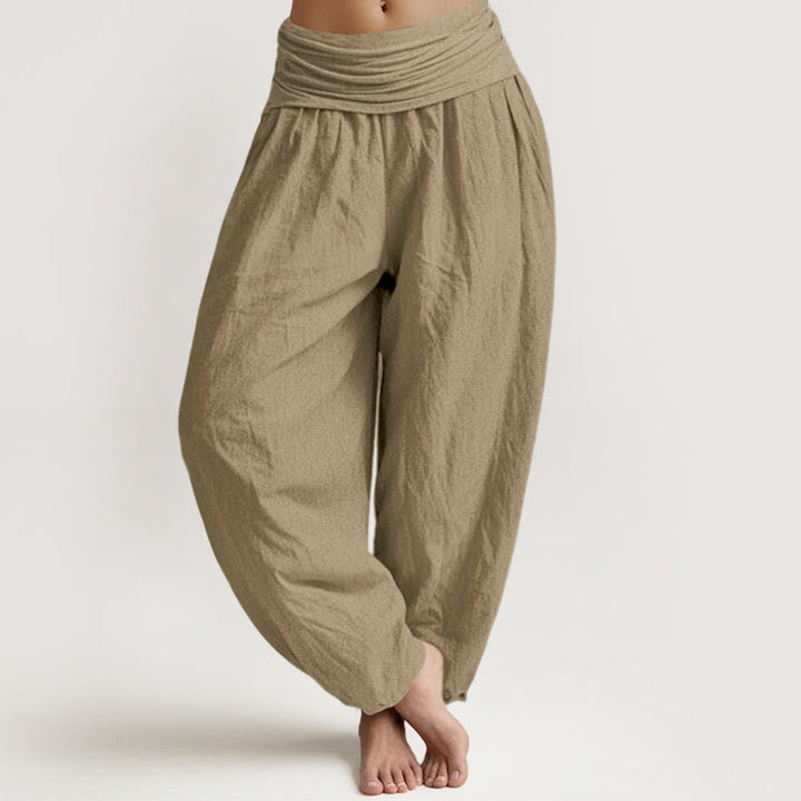 Buddha Stones Cotton Tan Solid Color Women's Elastic Waist Harem Pants - Tan - US16，UK/AU20，EU48 (3XL) - image 0