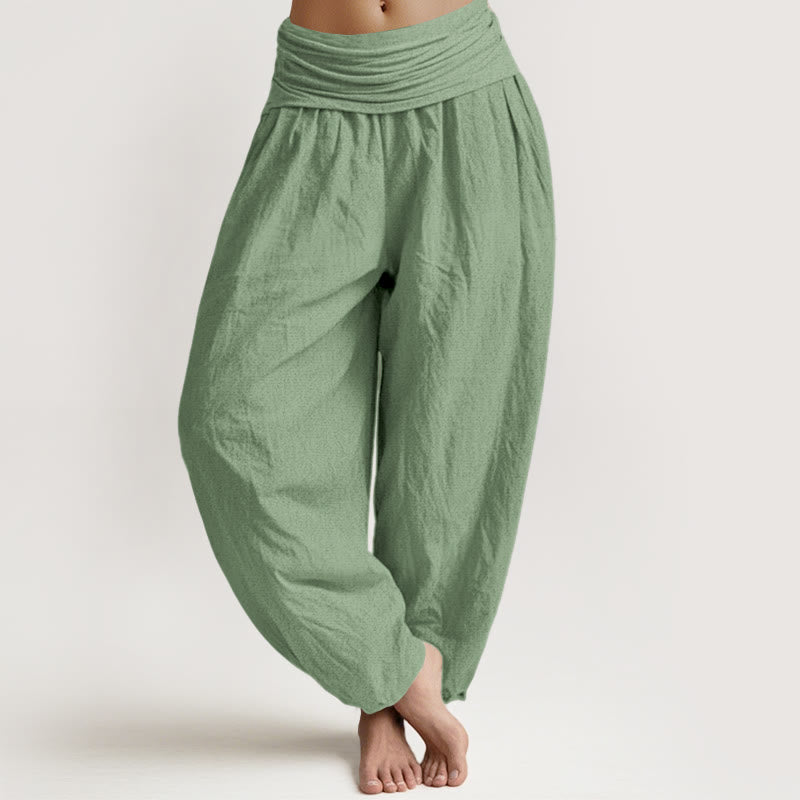 Buddha Stones Cotton Green Solid Color Women's Elastic Waist Harem Pants - MediumAquamarine - US16，UK/AU20，EU48 (3XL) - image 0