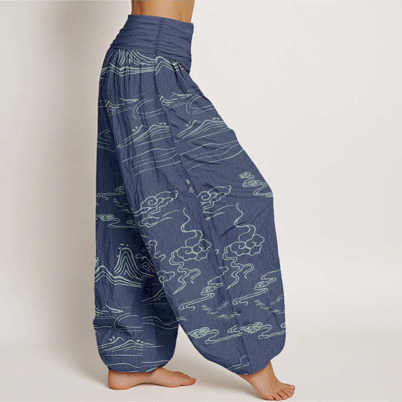 Buddha Stones Pure Cotton Mountain Moon Auspicious Clouds Pattern Women's Elastic Waist Harem Pants - image 7