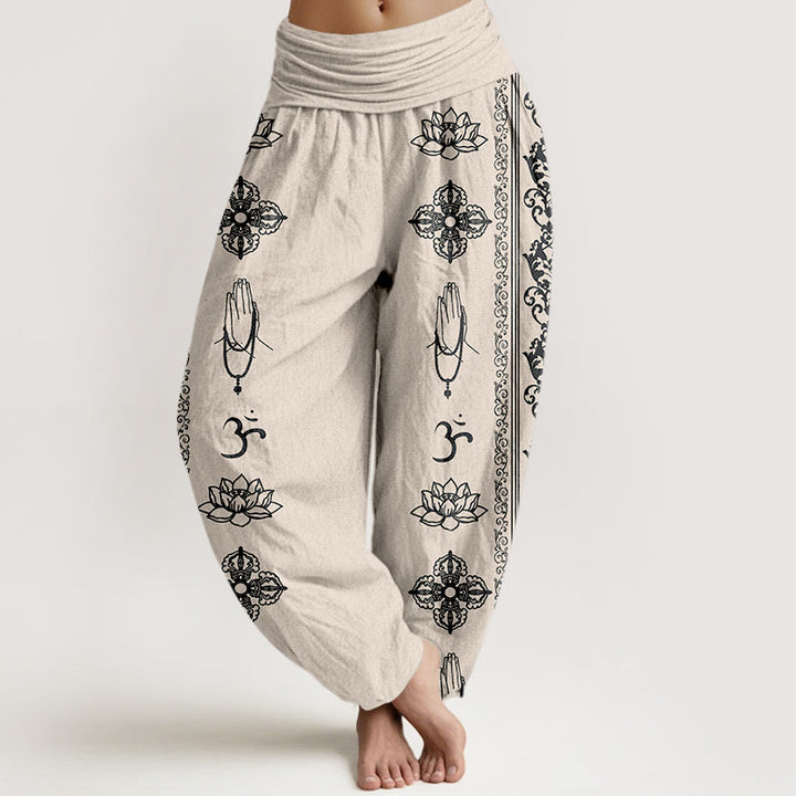 Buddha Stones Pure Cotton Lotus Flowers Double Dorje Vajra Namaste Om Design Women's Elastic Waist Harem Pants - Beige - US22，UK/AU26，EU54 (6XL) - image 8